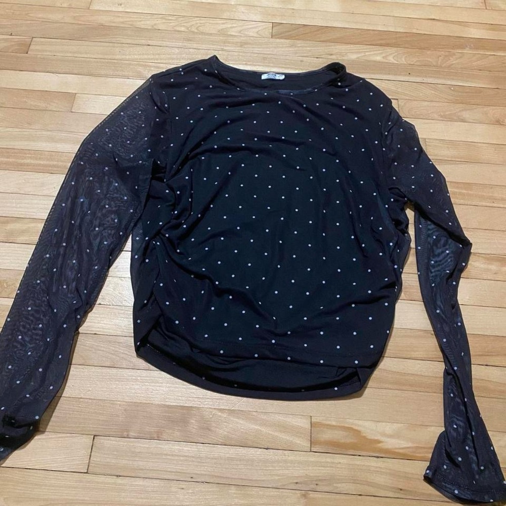 Ardene Black Long Mesh Sleeve Top with White Dots